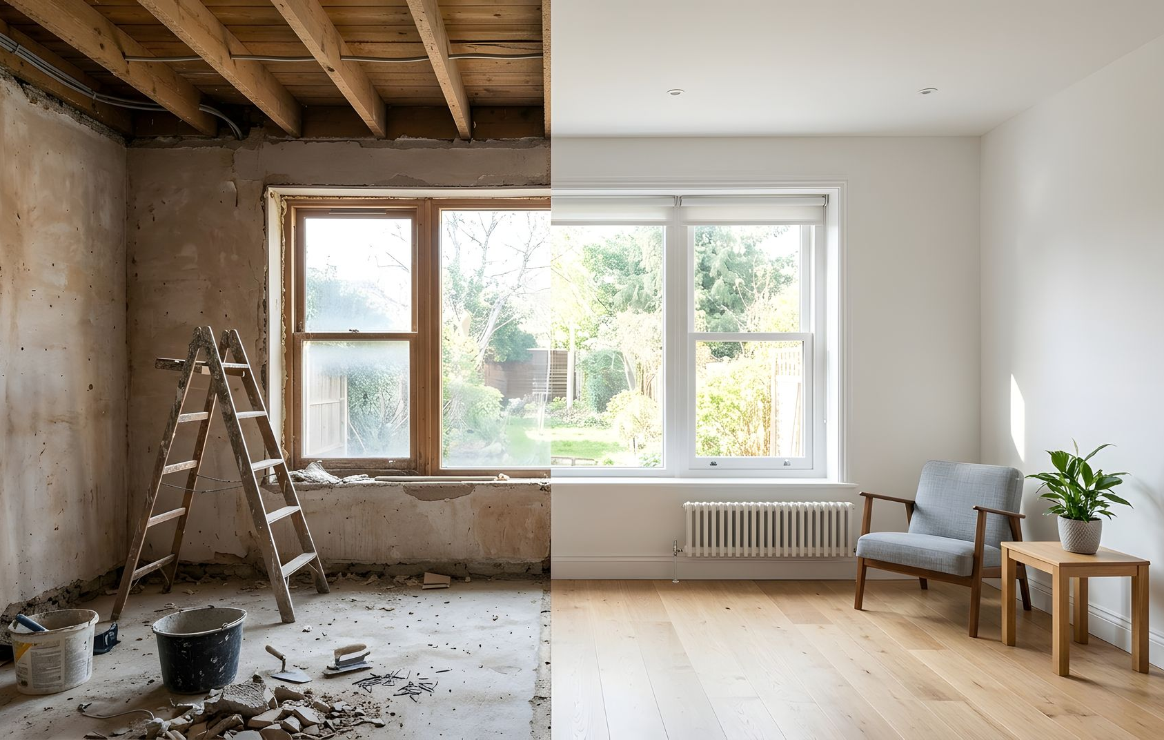 Pièce divisée en deux pendant les travaux de rénovation : poutres apparentes et débris à gauche, espace de vie lumineux et aménagé à droite.