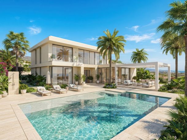 Villa de luxe avec piscine, palmiers et chaises longues sous un ciel d'un bleu éclatant