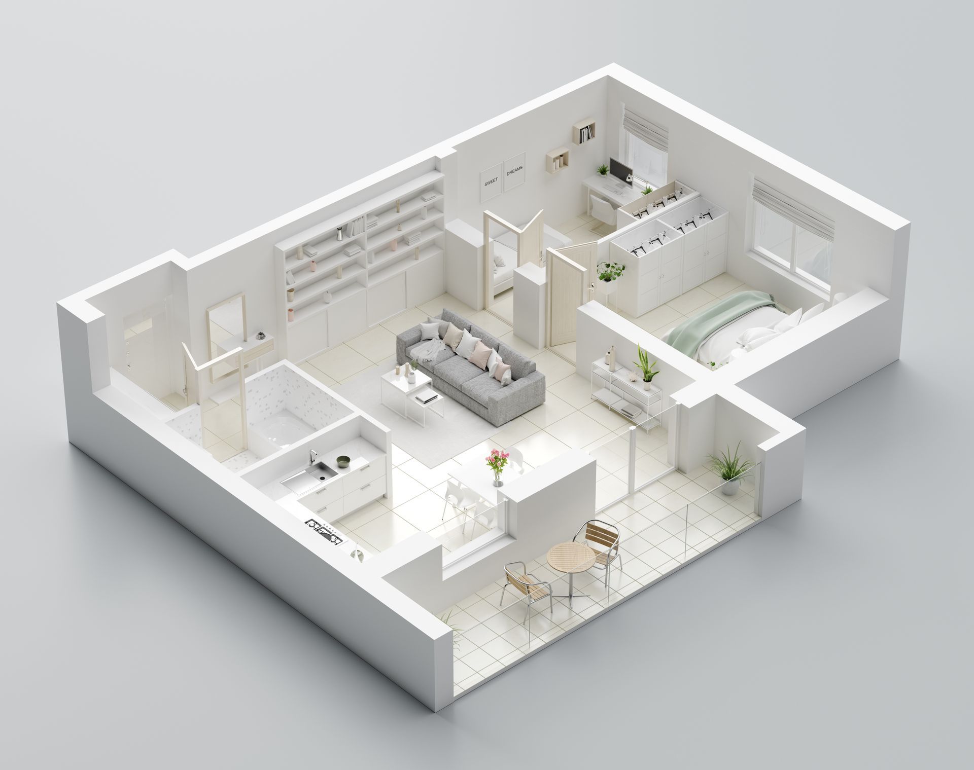 Plan isométrique d'un appartement blanc comprenant un salon, une cuisine, une chambre et une salle de bains.