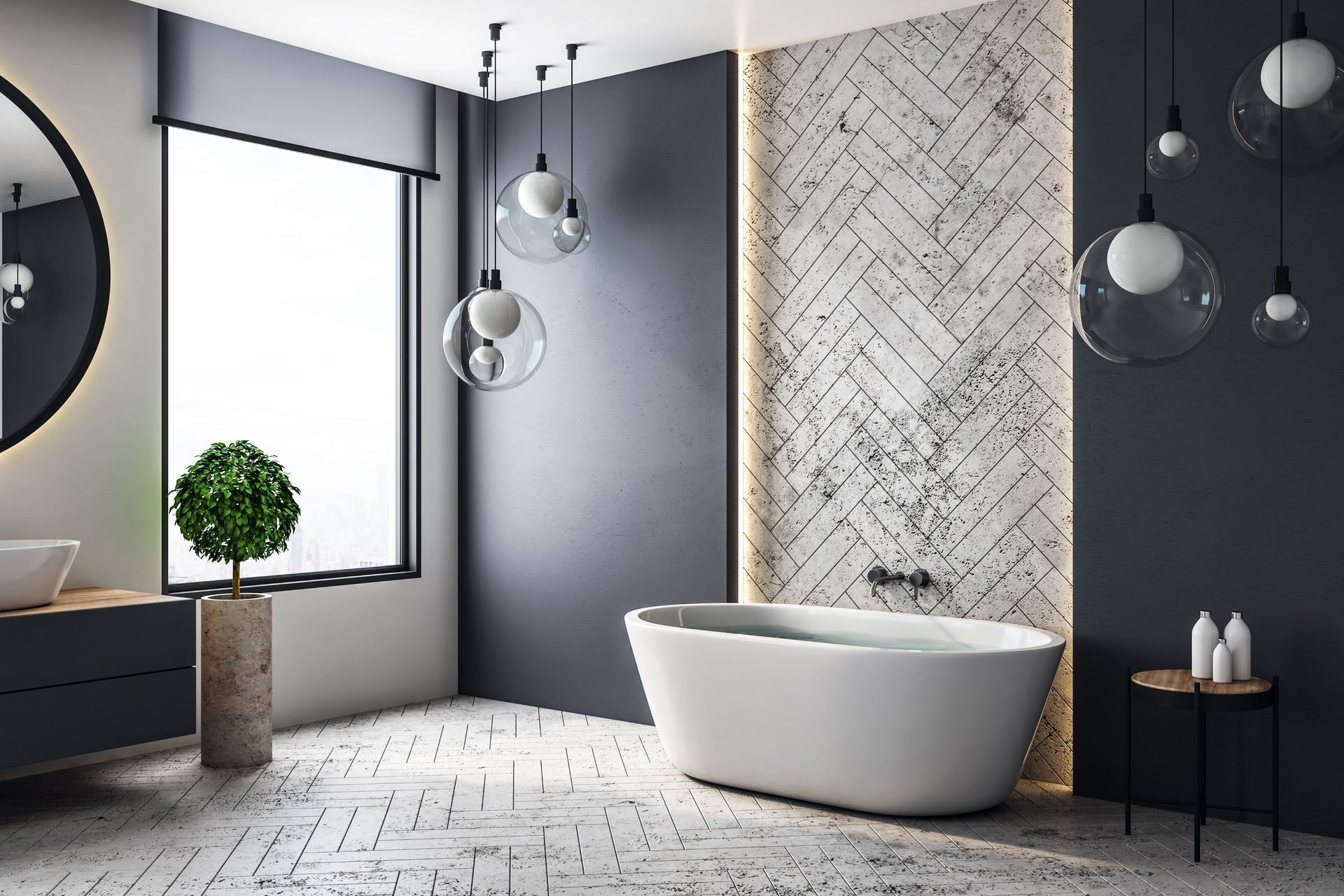 Salle de bains moderne avec baignoire îlot, murs gris, carrelage à motifs, suspensions lumineuses et plante en pot