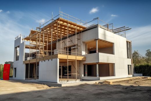 Maison moderne partiellement construite avec échafaudages et charpente en bois sous un ciel bleu clair