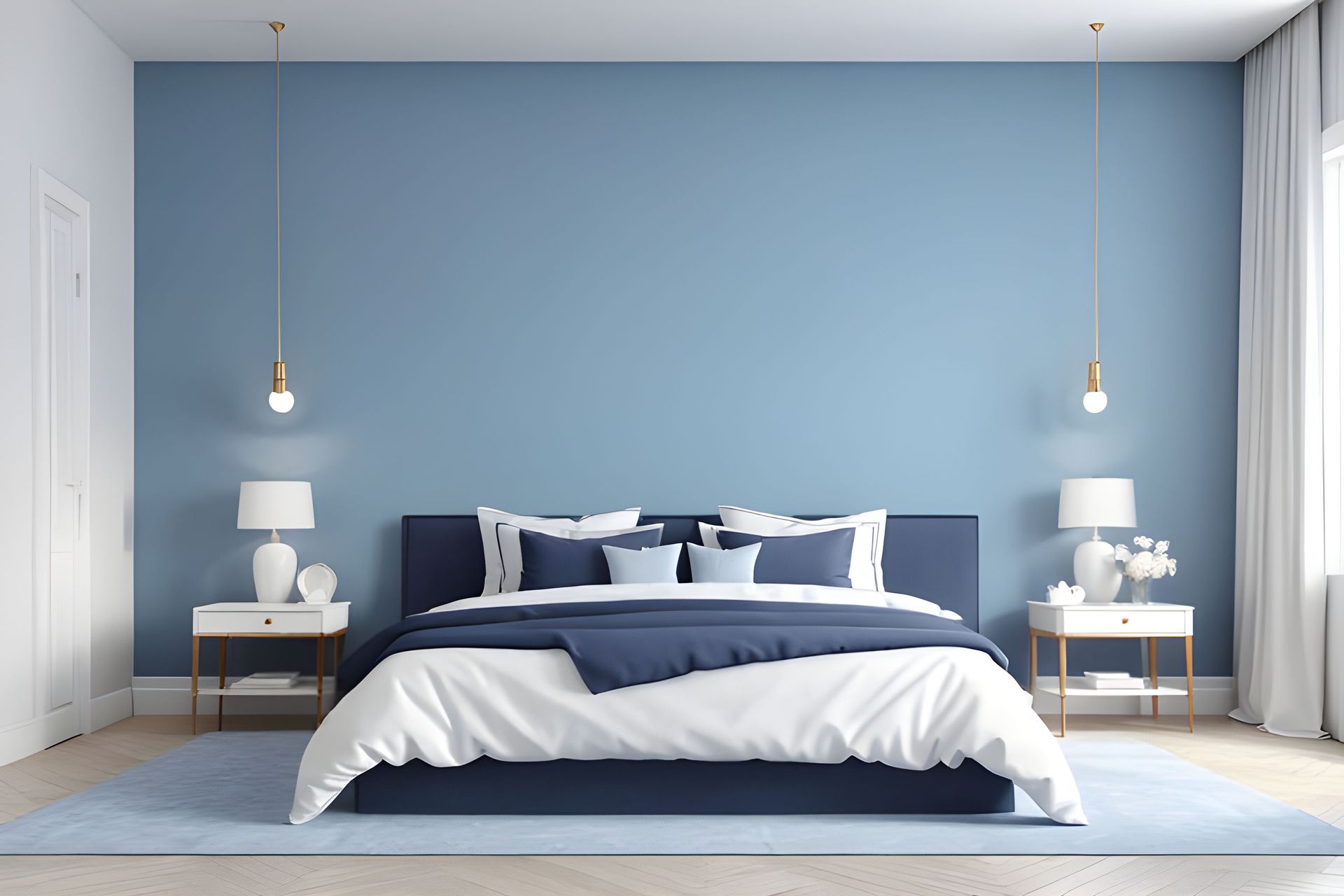 Chambre moderne et minimaliste avec un mur d'accent bleu, du linge de lit blanc et des lampes de chevet assorties.