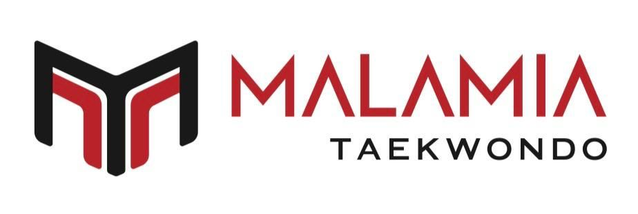 Logotipo de Malamia Taekwondo con emblema estilizado en rojo y negro y texto sobre fondo blanco.
