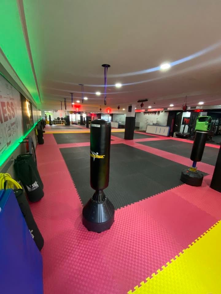 Gimnasio de kickboxing cubierto con colchonetas rosas y negras y varios sacos de boxeo de pie bajo luces brillantes.