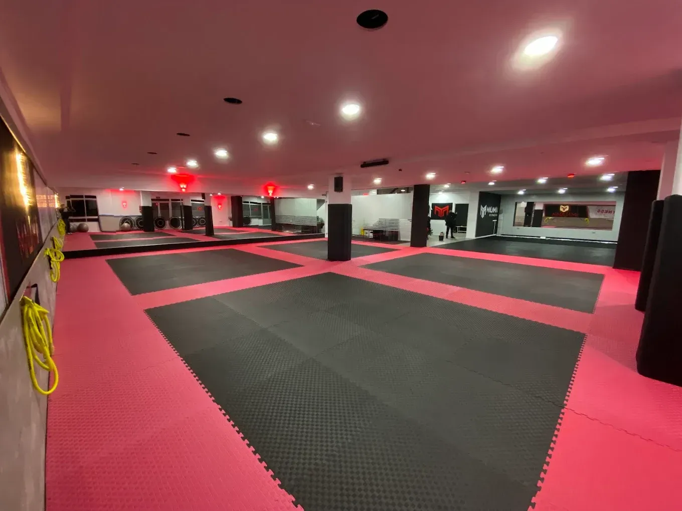 Gimnasio de artes marciales rosa y negro con colchonetas acolchadas en el suelo y paredes con espejos.