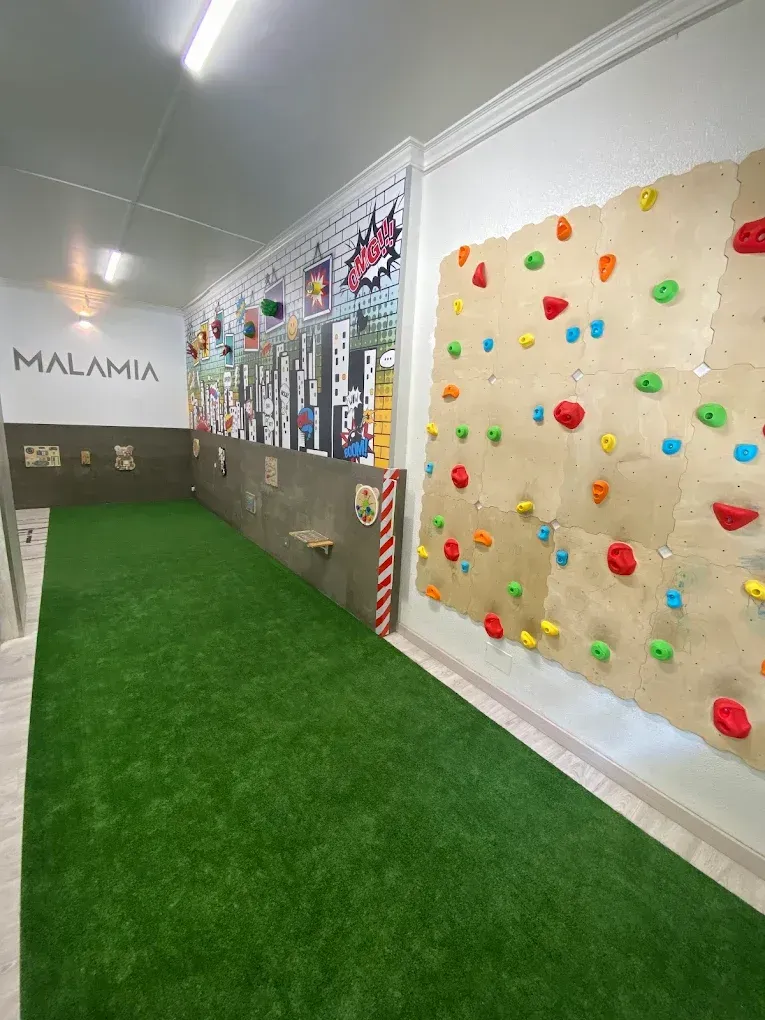 Pasillo de un gimnasio de escalada interior con alfombra verde y coloridas paredes de escalada a la derecha.