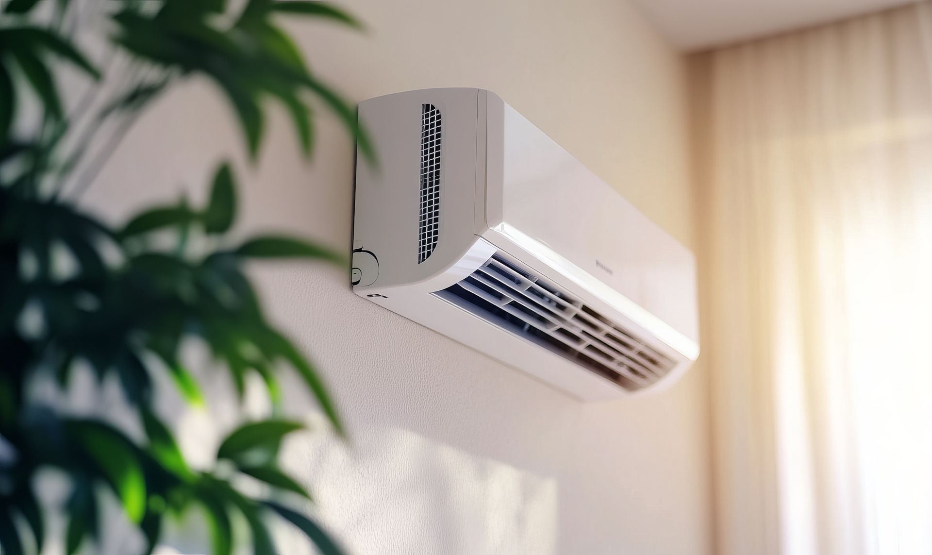 Climatiseur mural blanc dans une pièce lumineuse, près d’une fenêtre et d’une plante