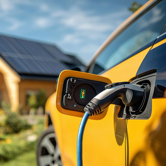 Voiture électrique jaune en charge sur une borne à domicile, avec des panneaux solaires en arrière-plan