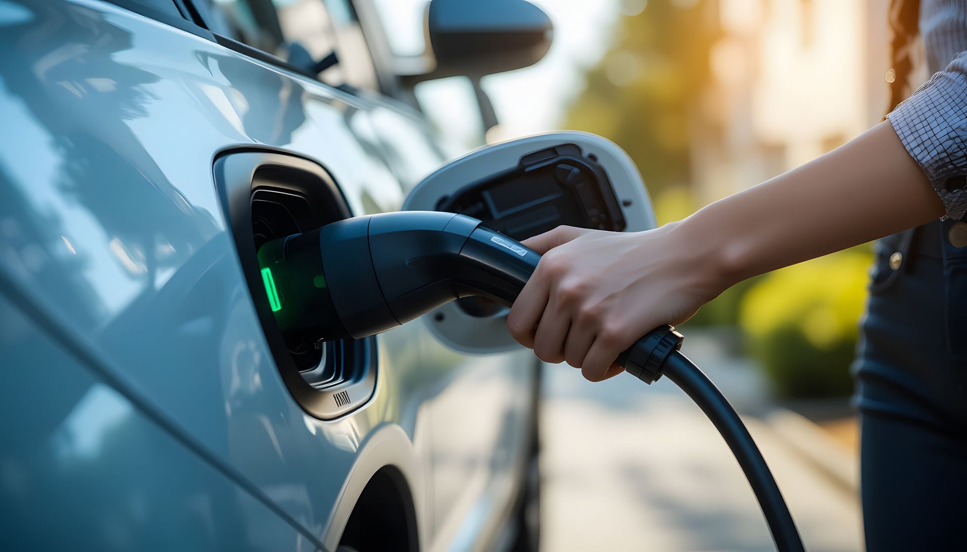 Main qui branche la voiture à la borne de recharge