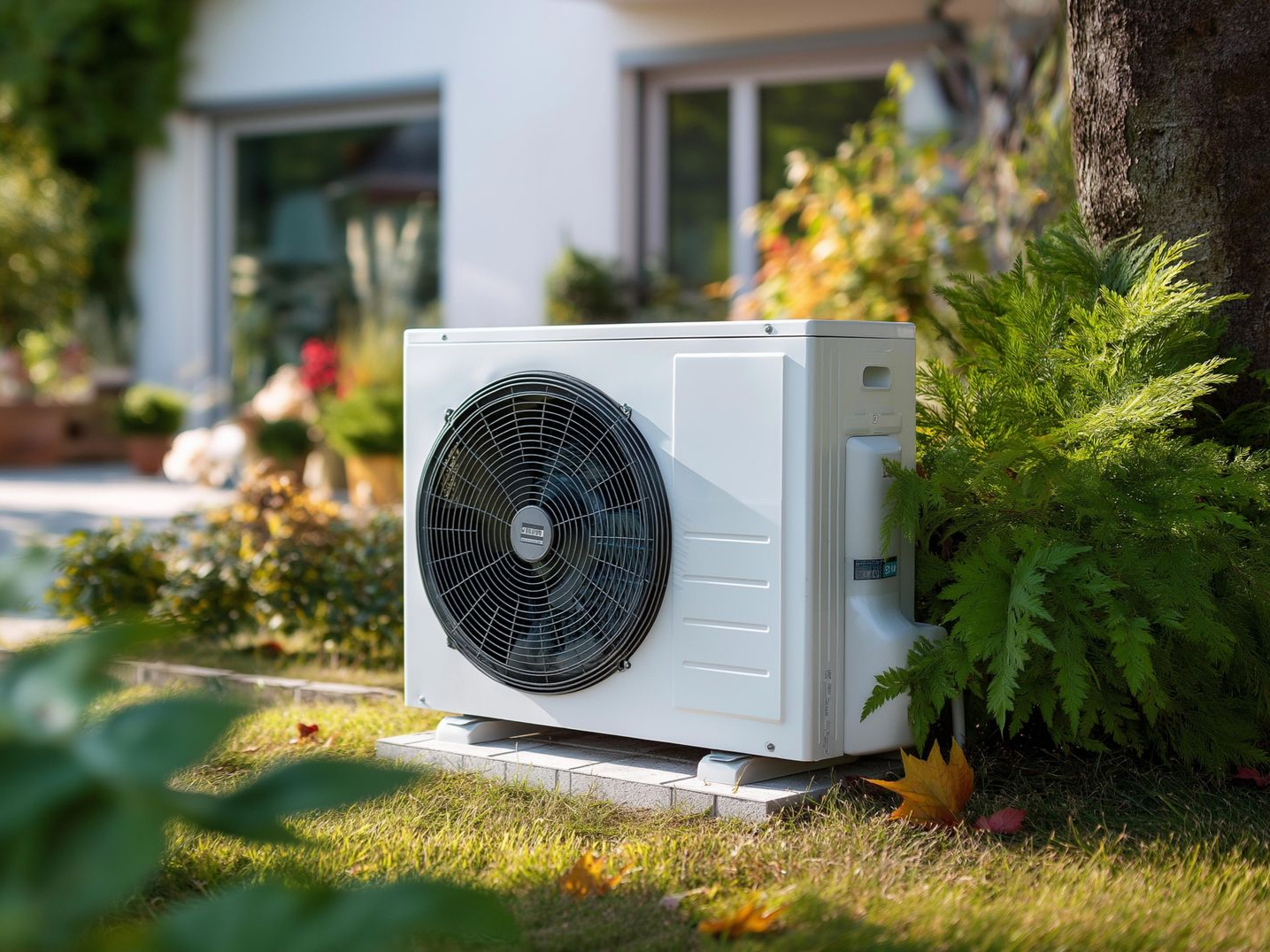 Unité de climatisation extérieure blanche à côté d’une maison, entourée de buissons et d’herbe.
