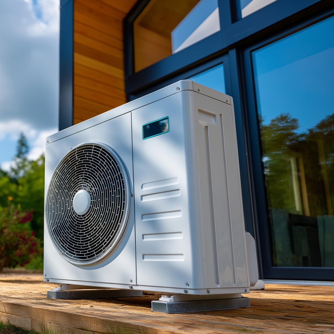 Unité de climatisation extérieure à côté d’une maison moderne en verre