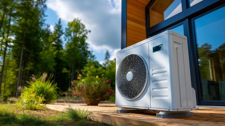 Unité de climatisation extérieure à côté d’une maison moderne, avec des arbres et du soleil en arrière-plan