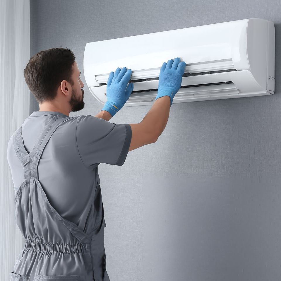 Technicien portant des gants bleus en train de nettoyer un climatiseur mural à l’intérieur