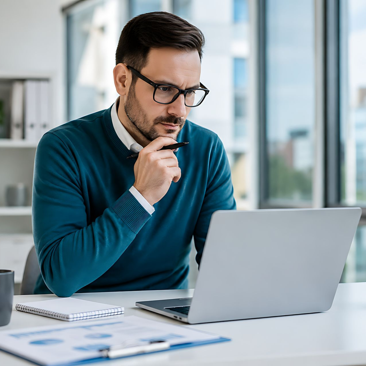 Un homme travaille sur un ordinateur portable à son bureau et lit attentivement dans un bureau lumineux