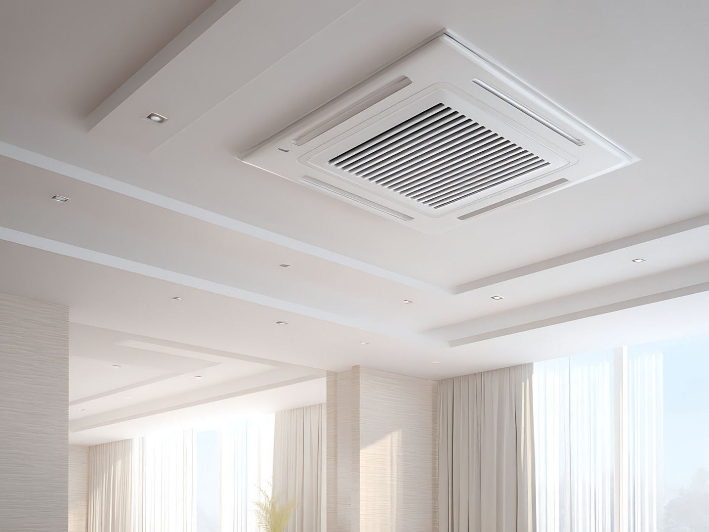 Plafond blanc avec des spots encastrés et une bouche d’aération carrée dans une pièce lumineuse avec des rideaux transparents