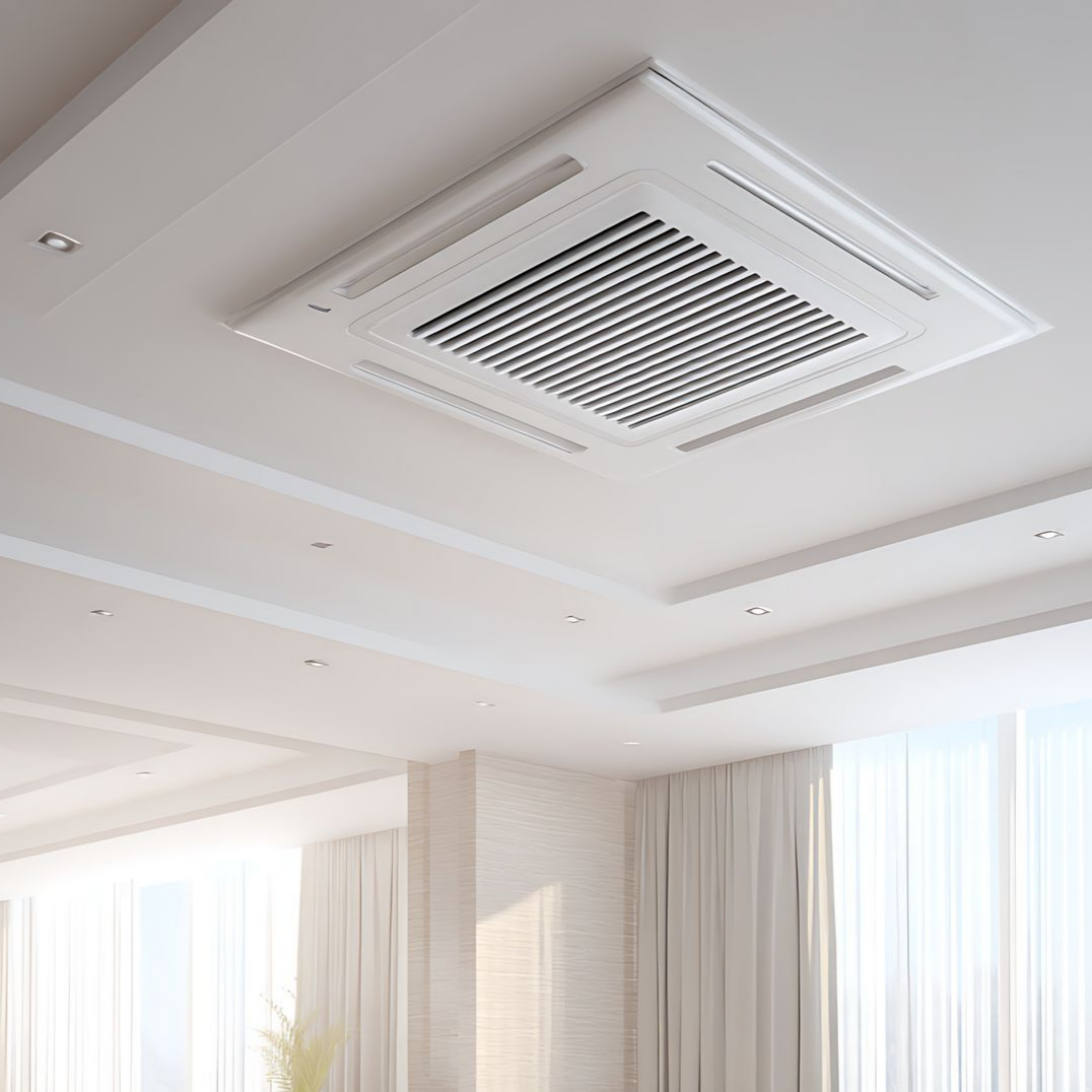Plafond blanc moderne avec des spots encastrés et une bouche d’aération centrale dans une pièce lumineuse