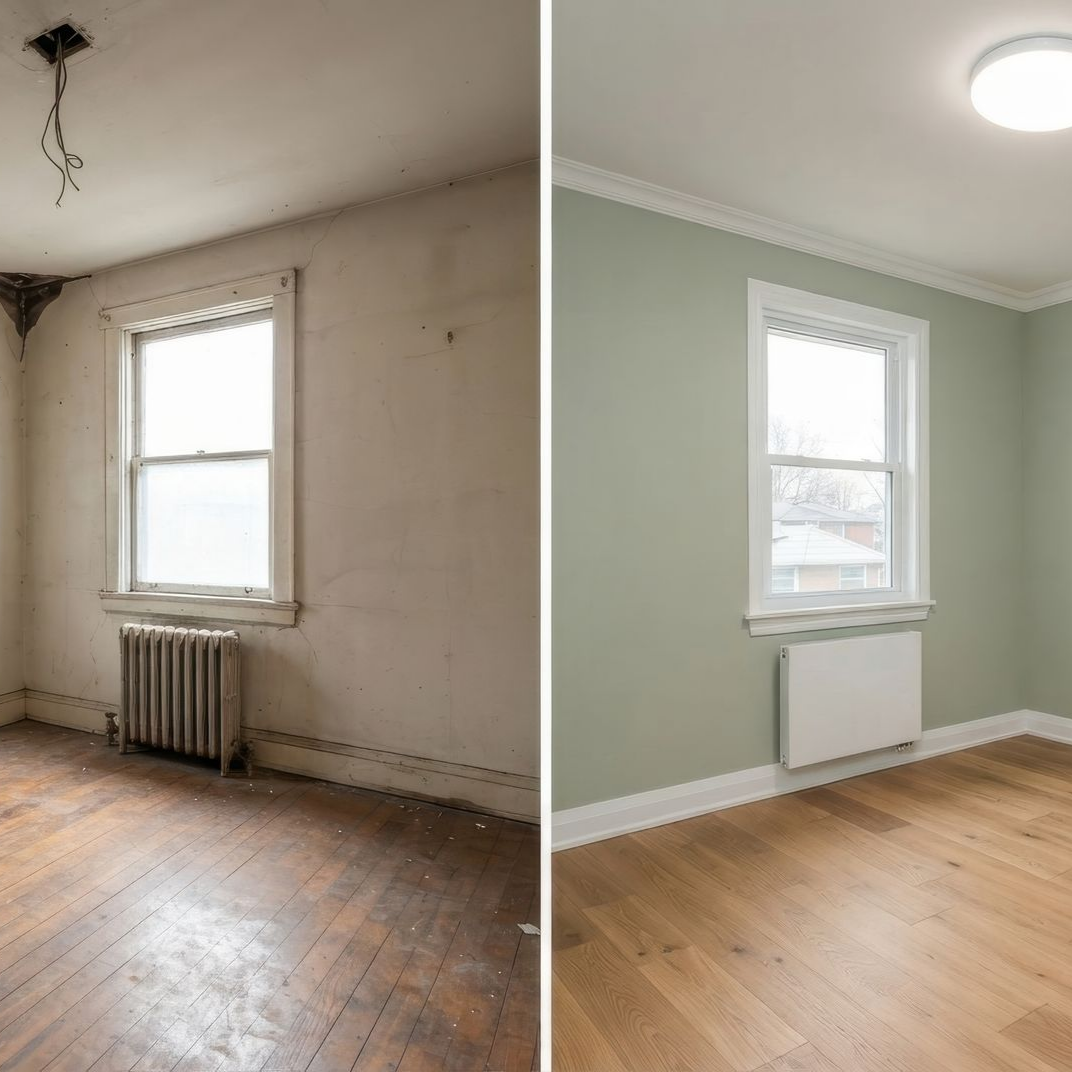 Avant et après la rénovation d’une pièce : une pièce beige défraîchie, puis une pièce rafraîchie aux murs verts, avec un parquet et des moulures blanches.