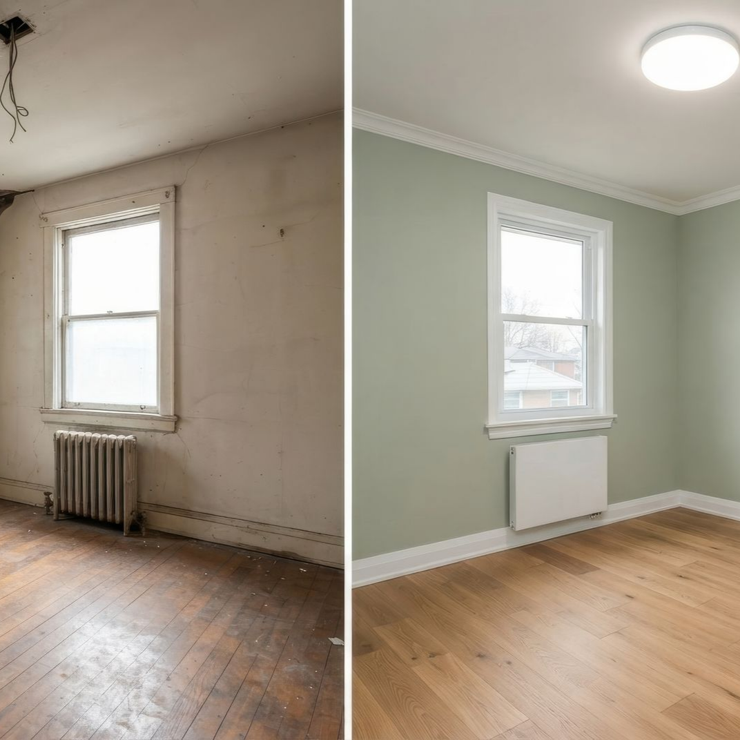 Avant/Après d’une petite pièce : des murs beiges défraîchis et un radiateur remplacés par des murs verts, des moulures blanches fraîchement peintes et un parquet en bois