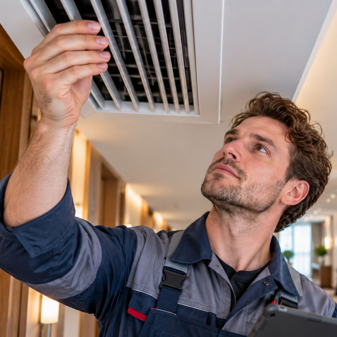 Un technicien inspecte une bouche d’aération au plafond d’un couloir, le bras levé et l’air concentré