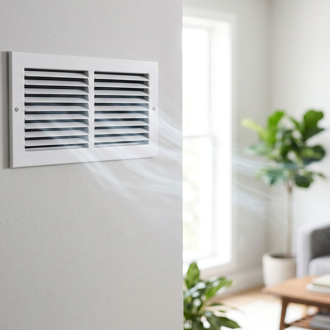 Une grille d’aération blanche sur un mur, baignée par la lumière du soleil qui pénètre dans une pièce lumineuse, avec une plante en arrière-plan