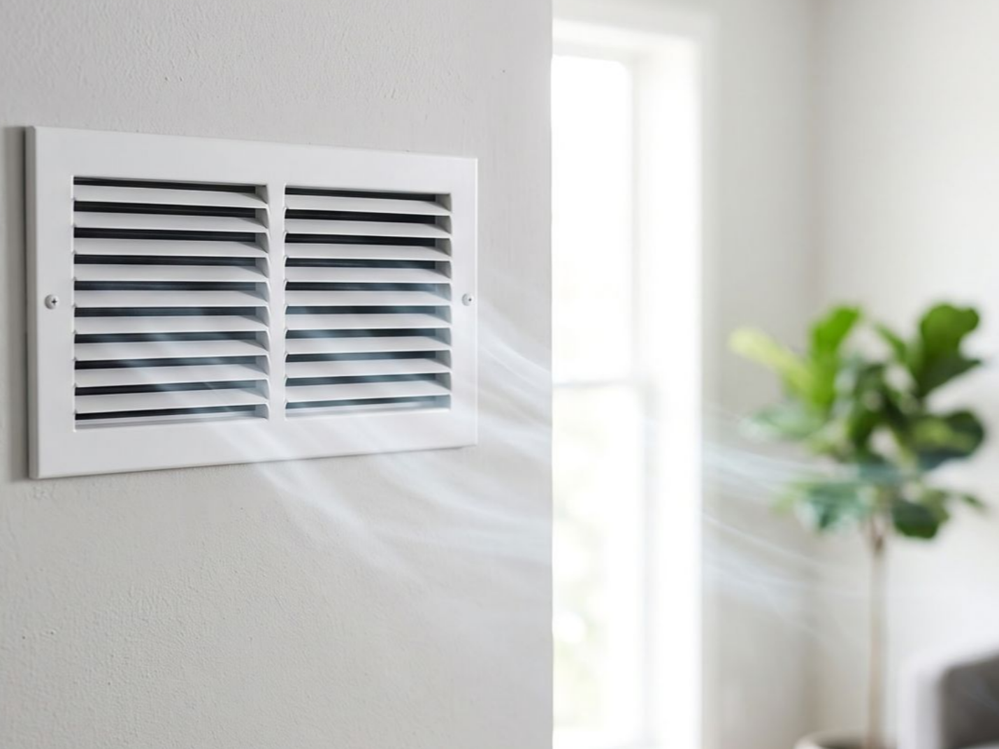 Bouche d’aération blanche dans un mur, baignée de soleil, avec une plante floue en arrière-plan