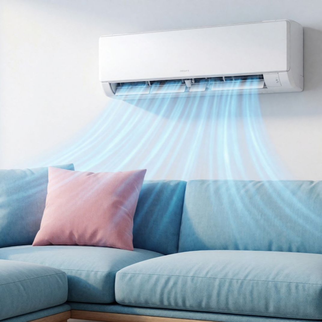 Un climatiseur mural rafraîchit un canapé bleu orné d’un coussin rose dans un salon