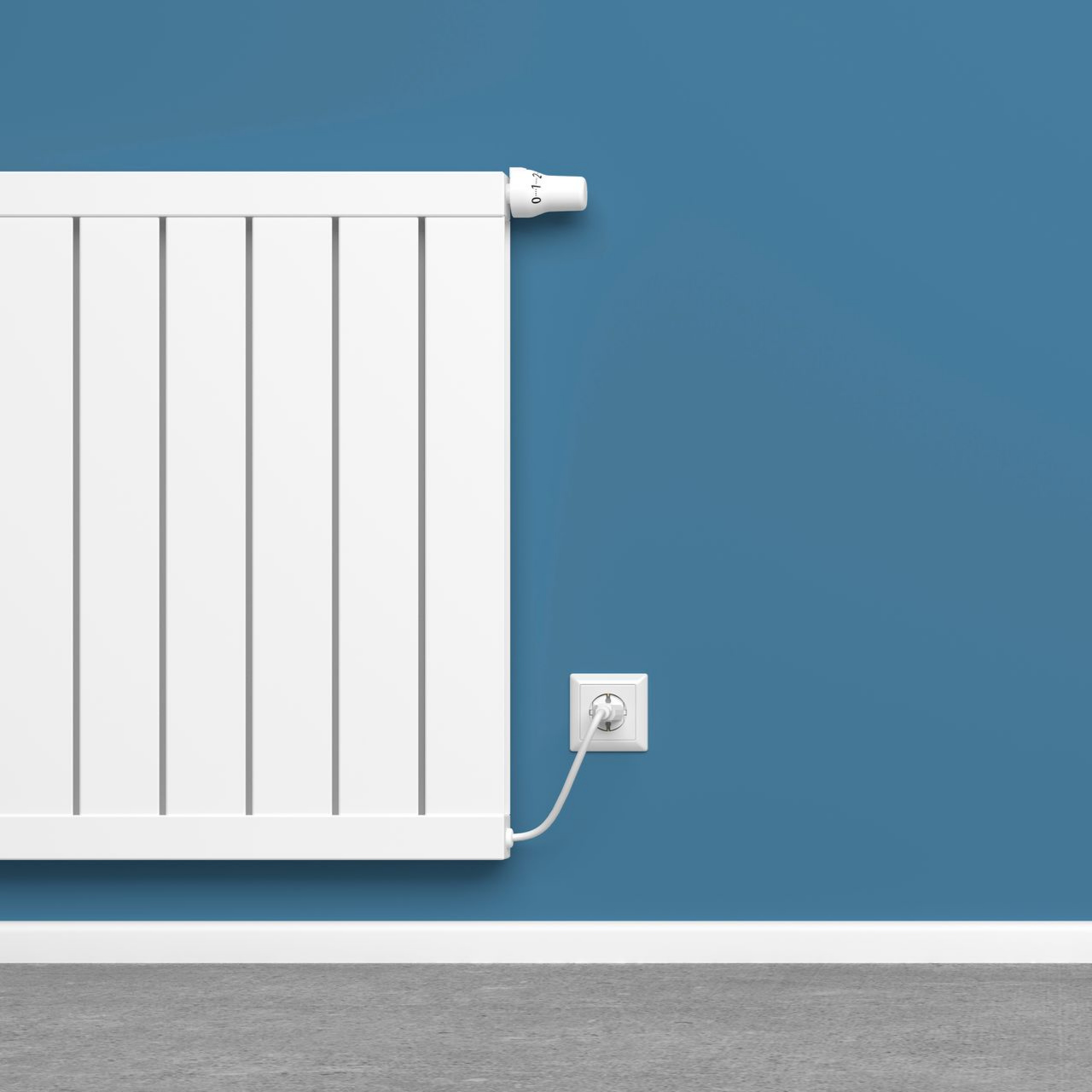Radiateur blanc branché sur une prise murale, contre un mur bleu et un sol gris