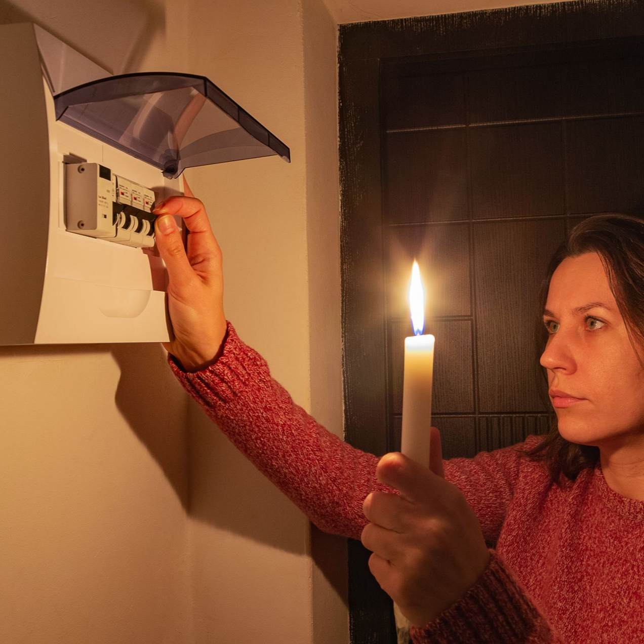 Une femme tient une bougie à côté d’un tableau électrique ouvert pendant une coupure de courant.