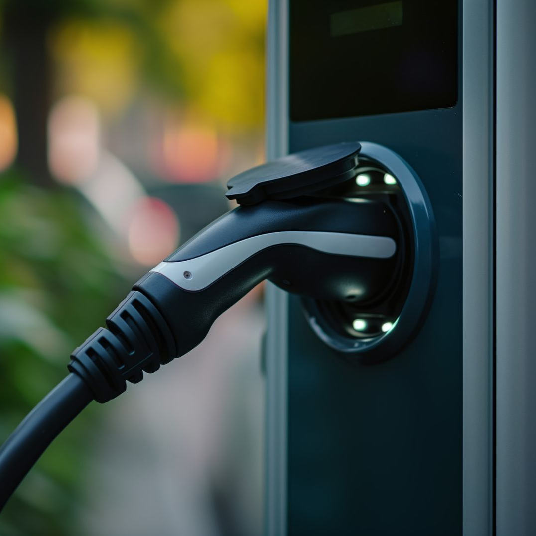 Prise de recharge pour véhicule électrique branchée à une borne, avec un arrière-plan extérieur flou