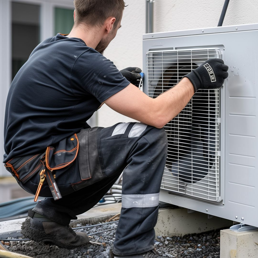 Technicien à genoux en train d’entretenir un climatiseur extérieur avec des outils