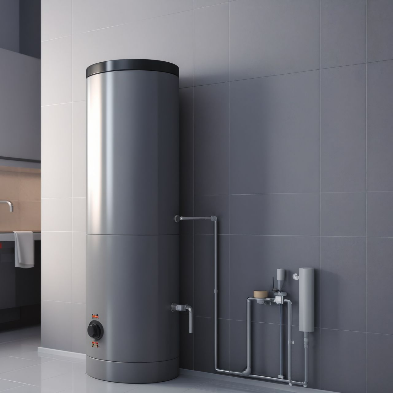 Chauffe-eau thermodynamique cylindrique gris avec des tuyaux dans une buanderie carrelée