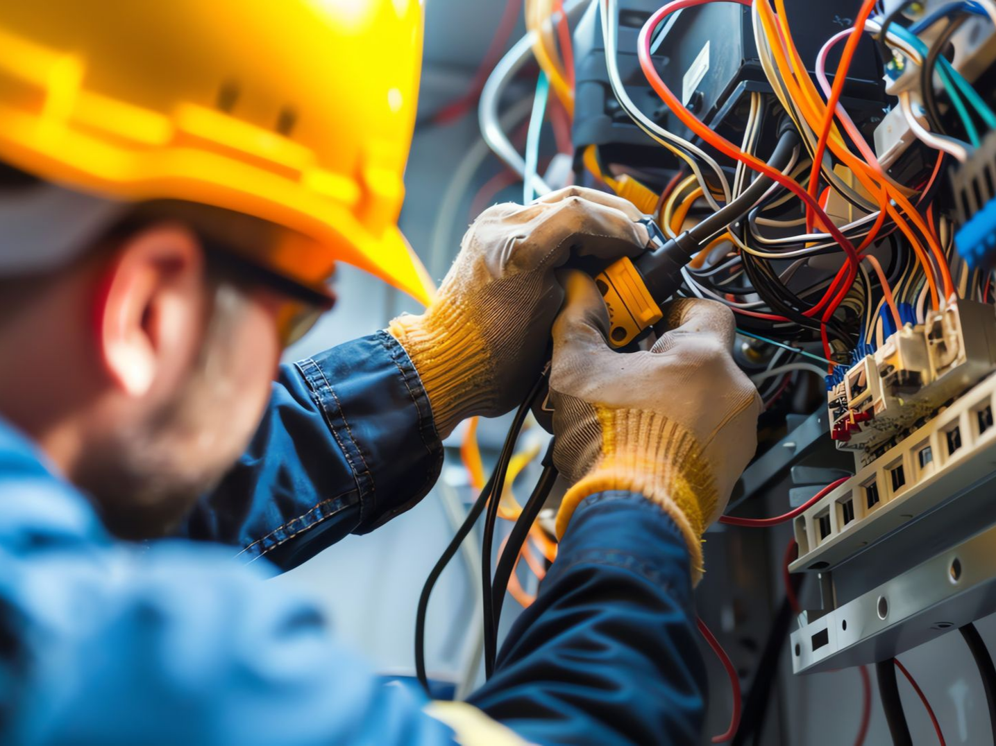 Électricien portant un casque jaune et réparant un enchevêtrement de fils dans un tableau électrique