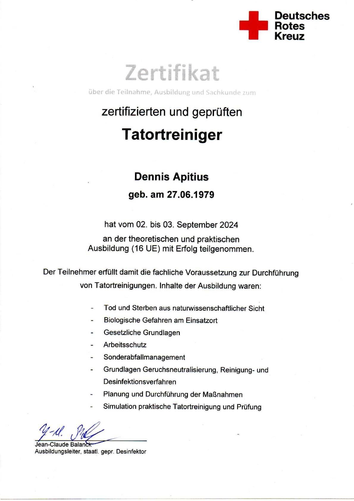 Zertifikat für Tatortreinigung von Dennis Apitius