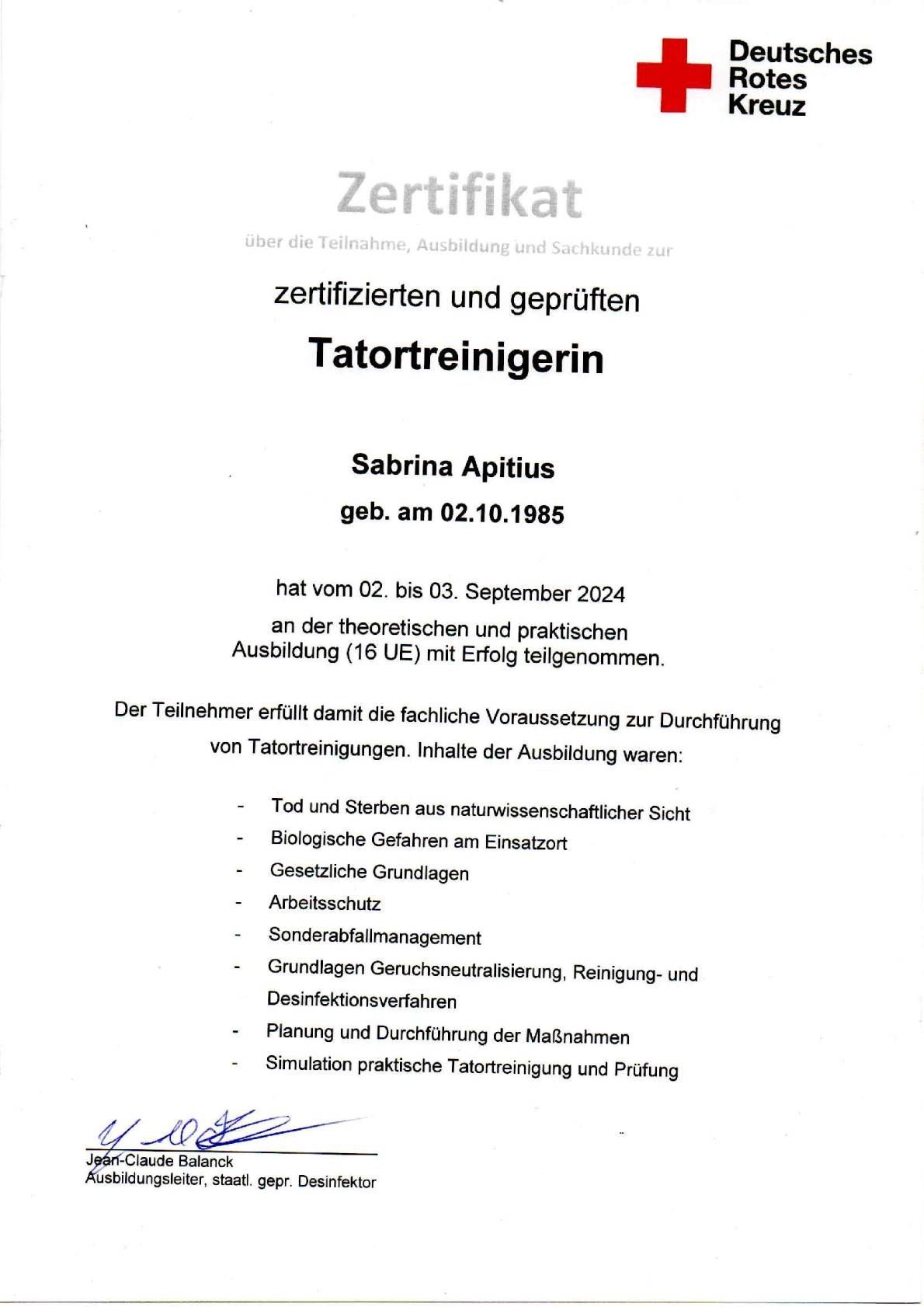 Zertifikat für Tatortreinigung von Sabrina Apitius