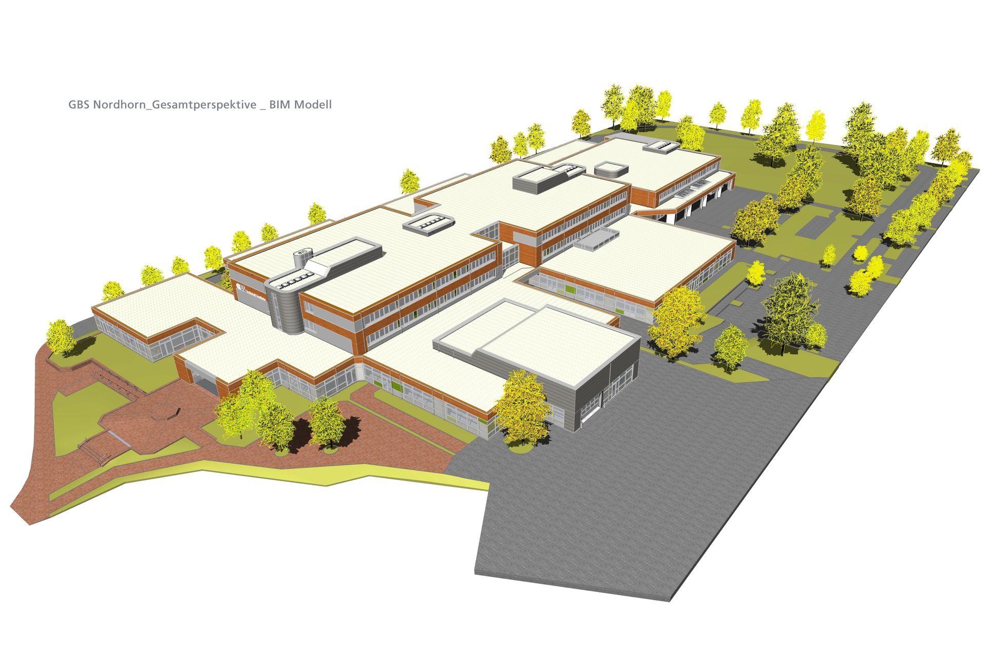 Eine Luftaufnahme eines großen Gebäudes, umgeben von Bäumen