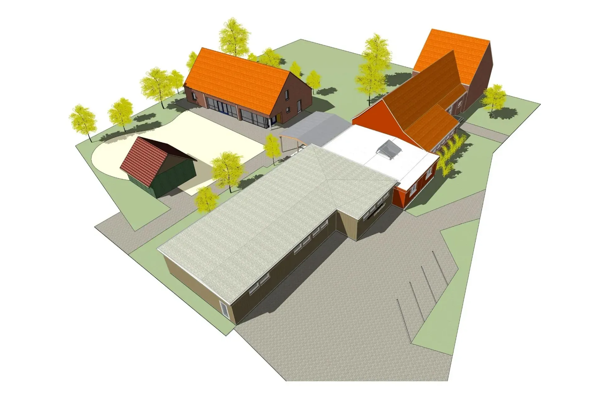 Eine Luftaufnahme einer Farm mit Gebäuden und Bäumen