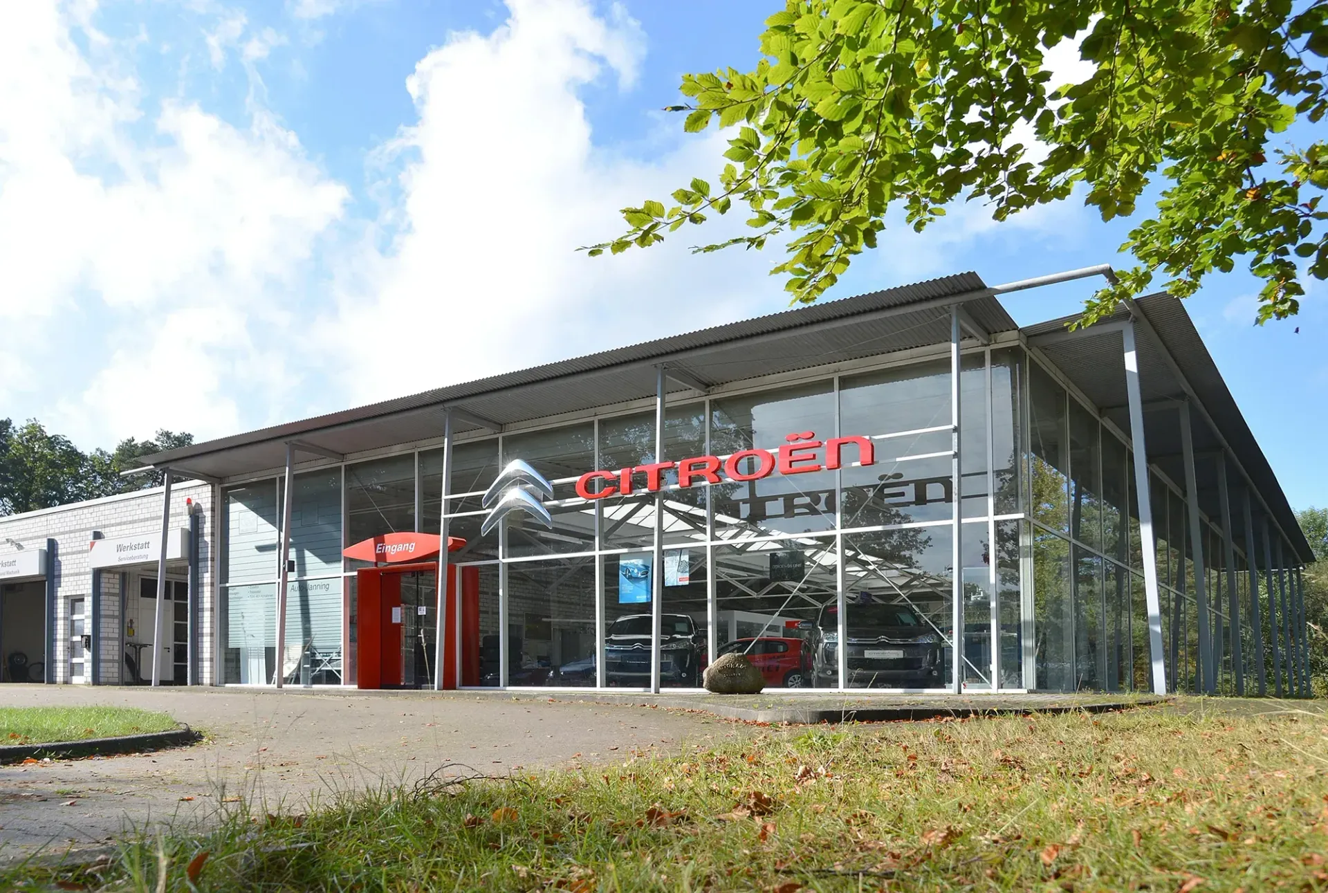 Ein großes Gebäude mit vielen Fenstern und einem Baum davor.