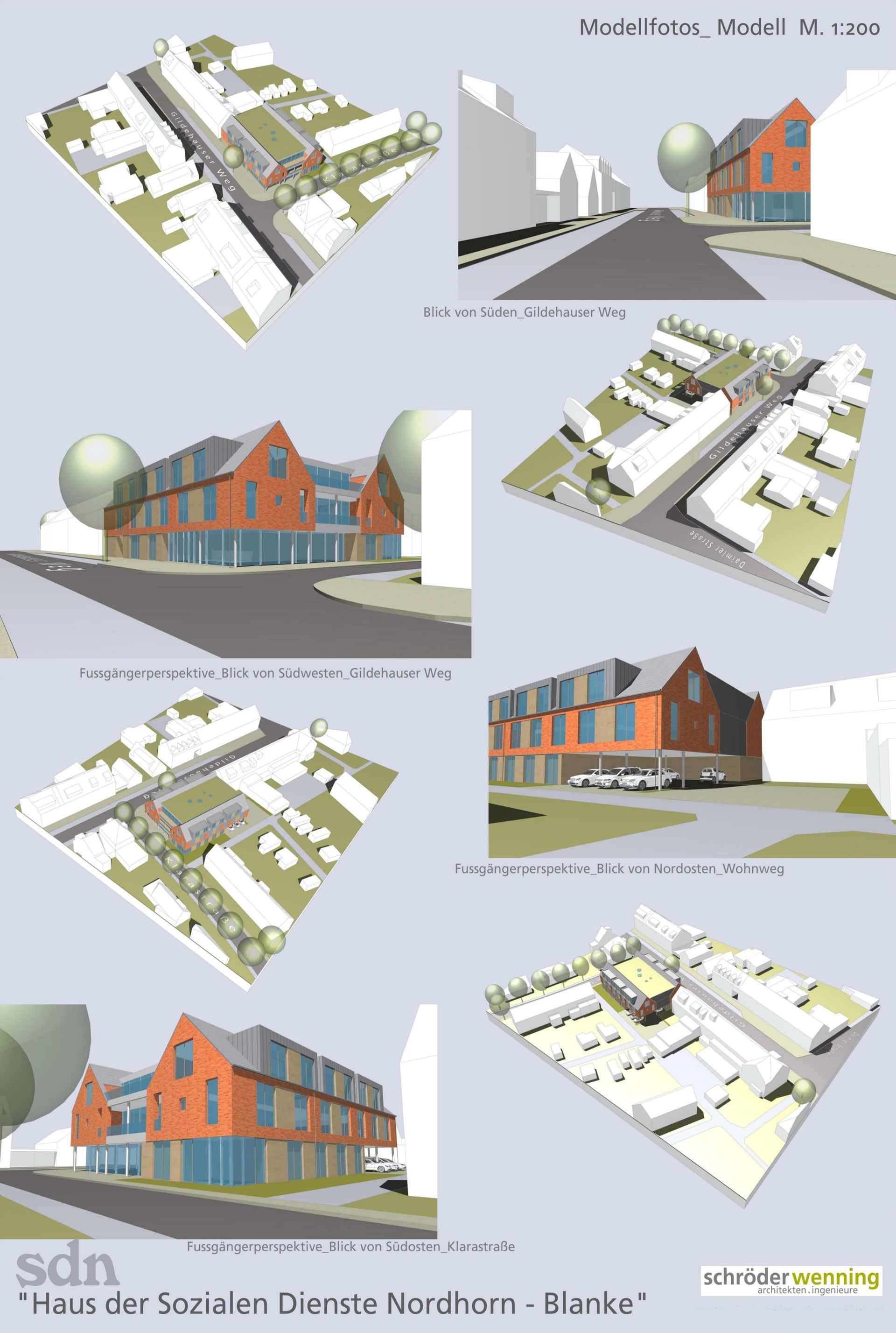 Eine Collage aus Architekturdarstellungen eines Gebäudes in einer Stadt.