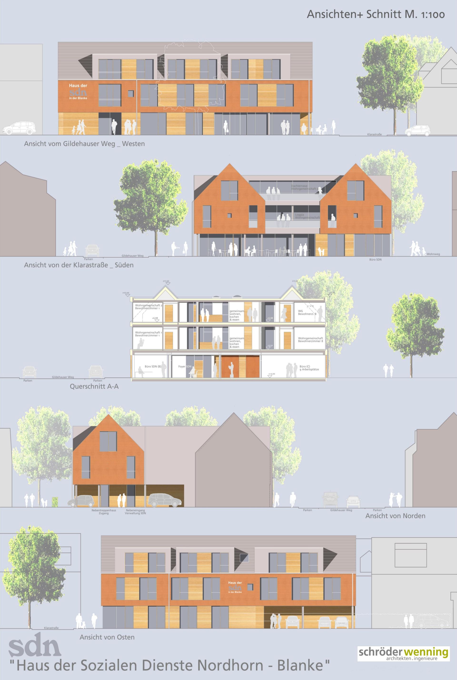 Eine Zeichnung eines Gebäudes mit vielen Fenstern und Bäumen