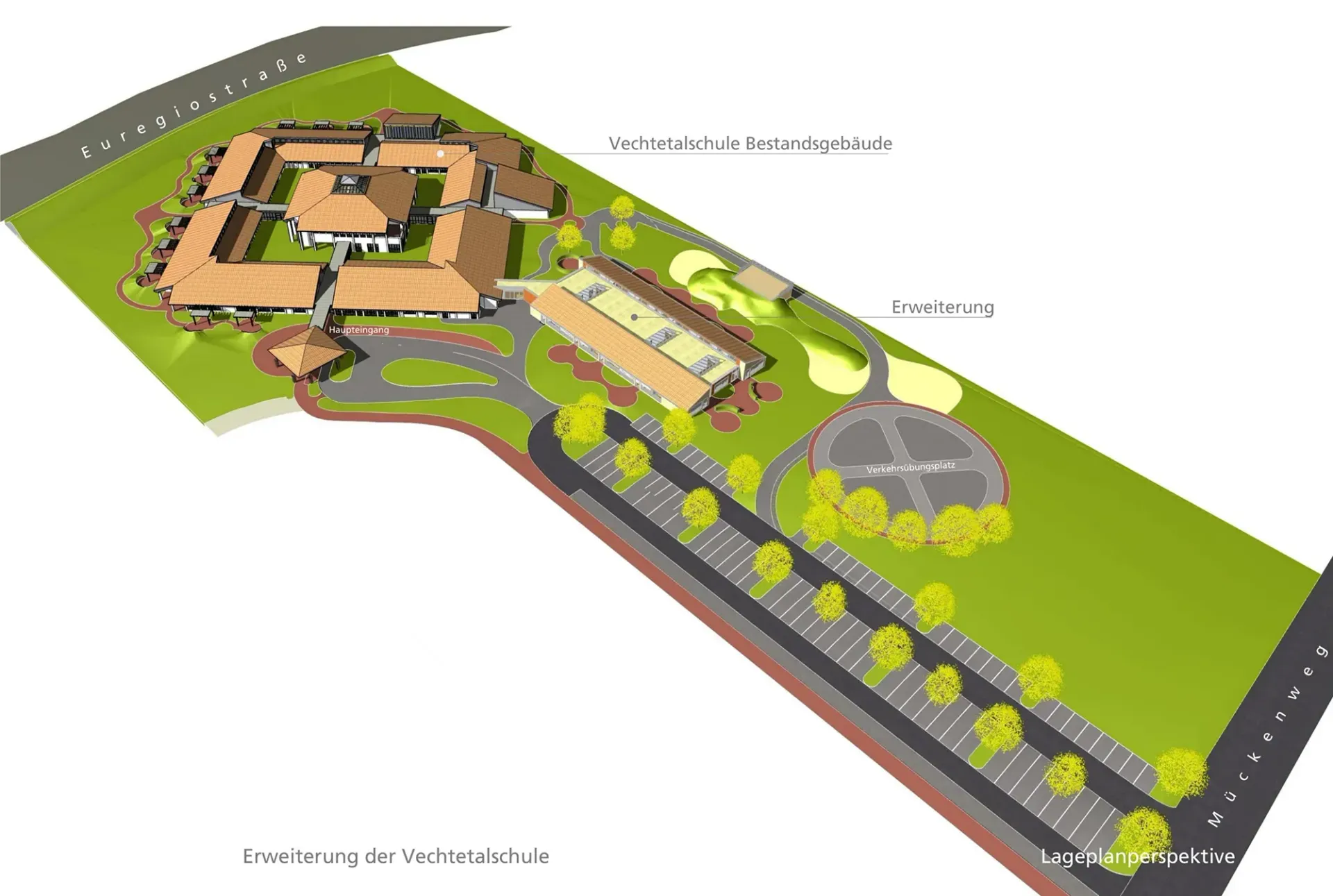 Eine Luftaufnahme eines Gebäudes mit vielen Parkplätzen