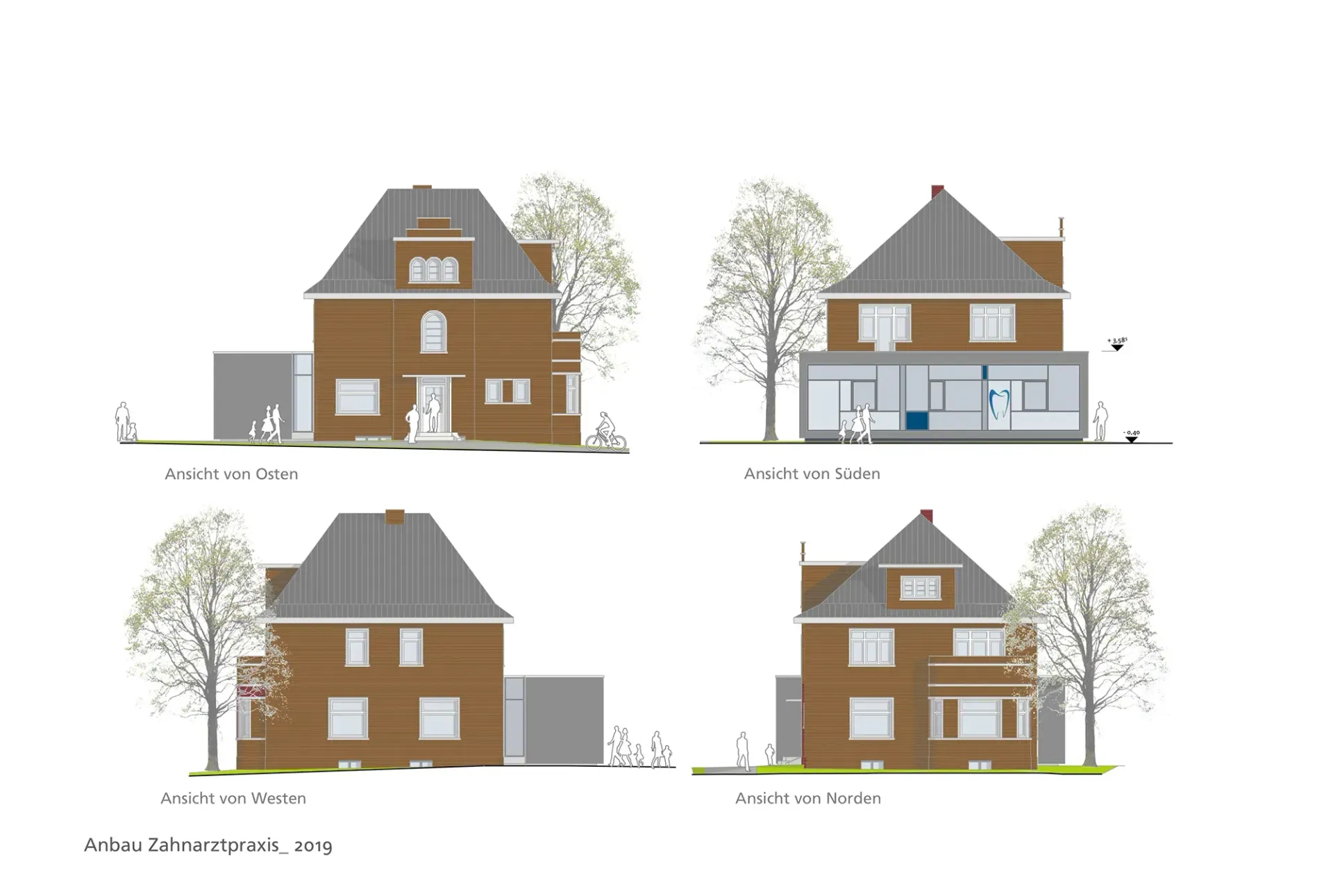 Ein Satz von vier Zeichnungen eines Hauses mit Bäumen davor