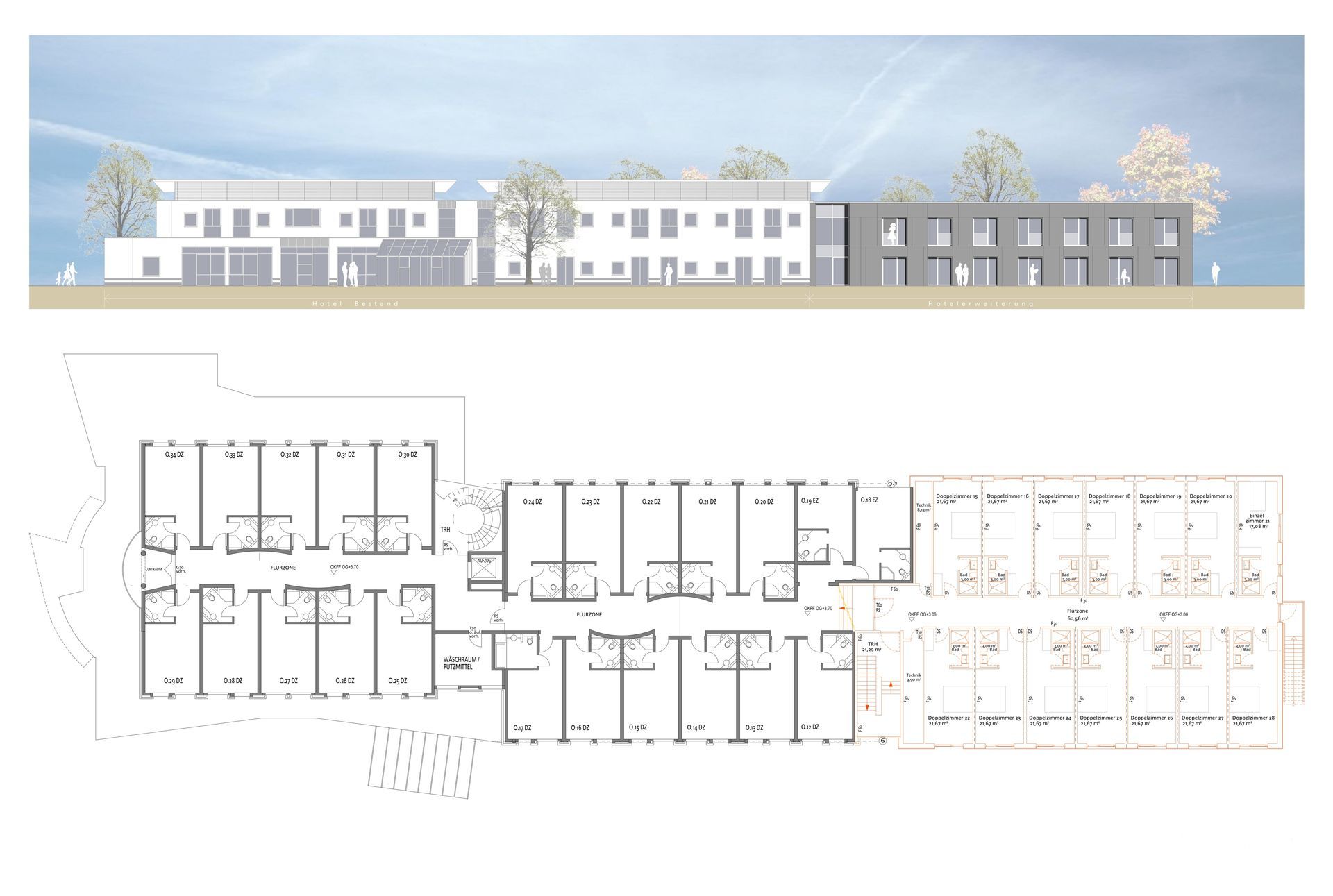 Eine Gebäudezeichnung und ein Grundriss.