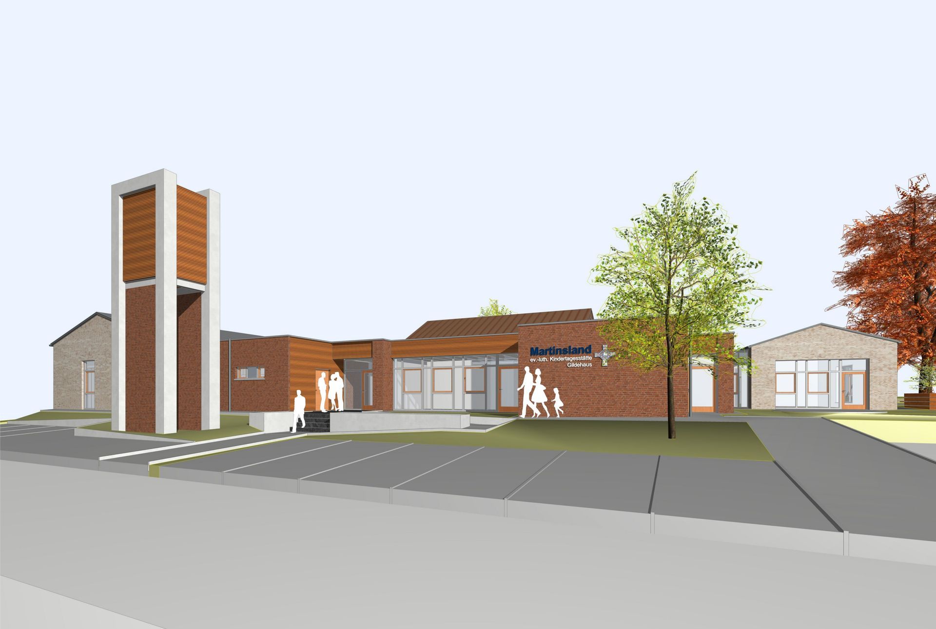 Eine künstlerische Darstellung eines Backsteingebäudes mit einem Baum davor.