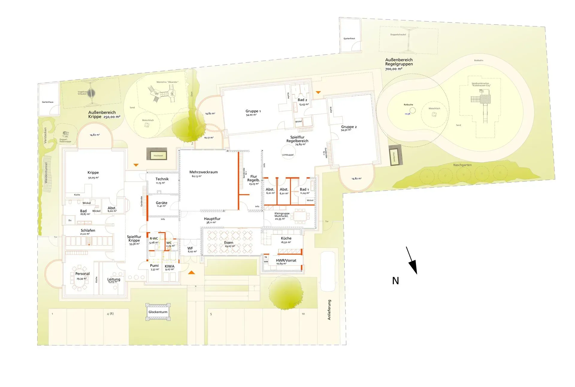 Ein Grundriss eines Gebäudes mit einem Spielplatz im Hintergrund