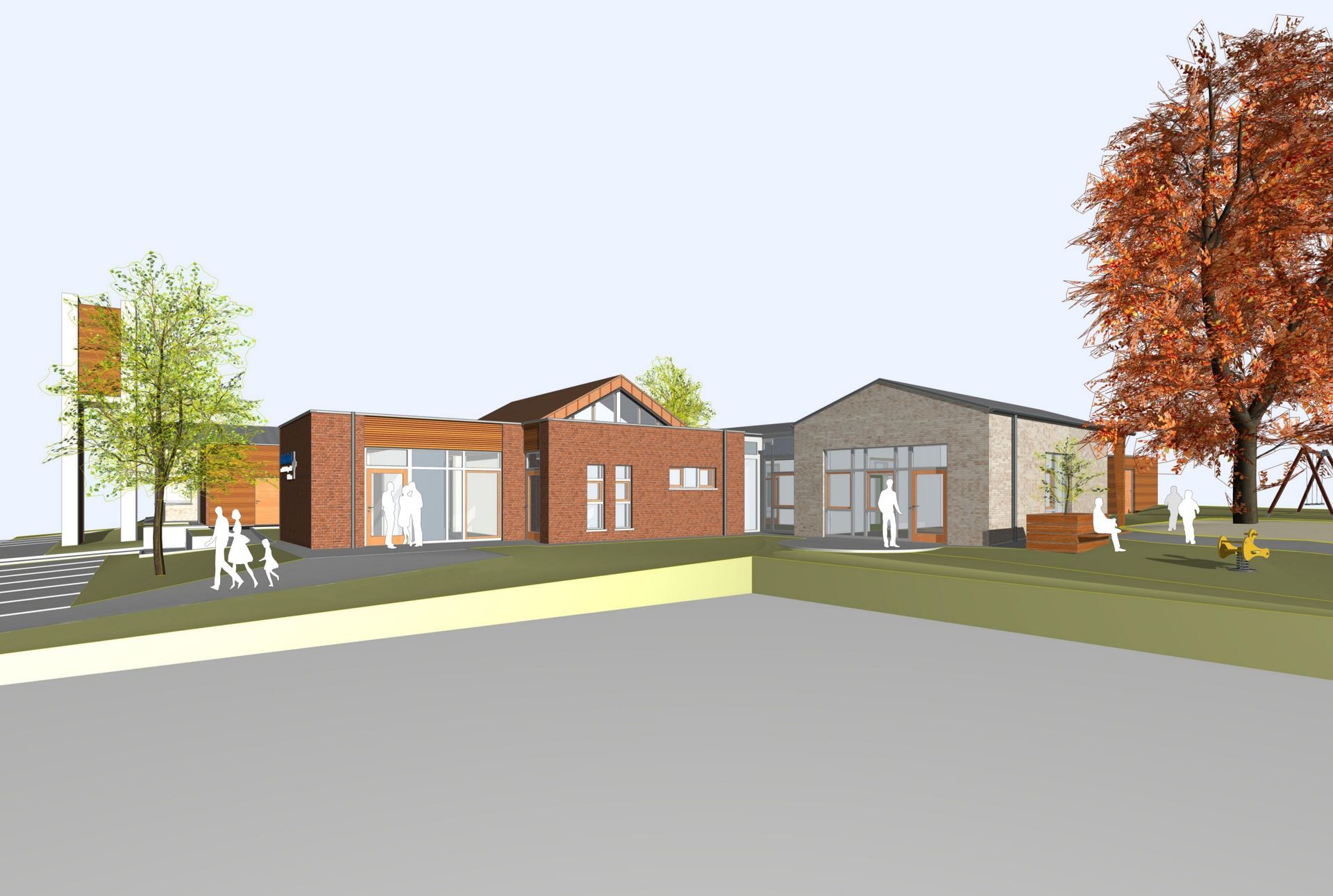 Künstlerische Darstellung eines neuen Gebäudes mit einem Baum im Vordergrund.