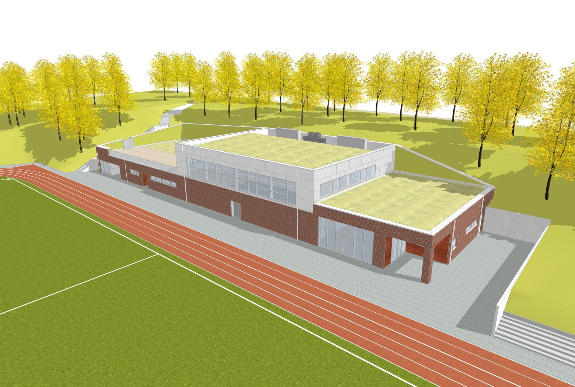 Eine Luftaufnahme eines Gebäudes mit einem Gründach