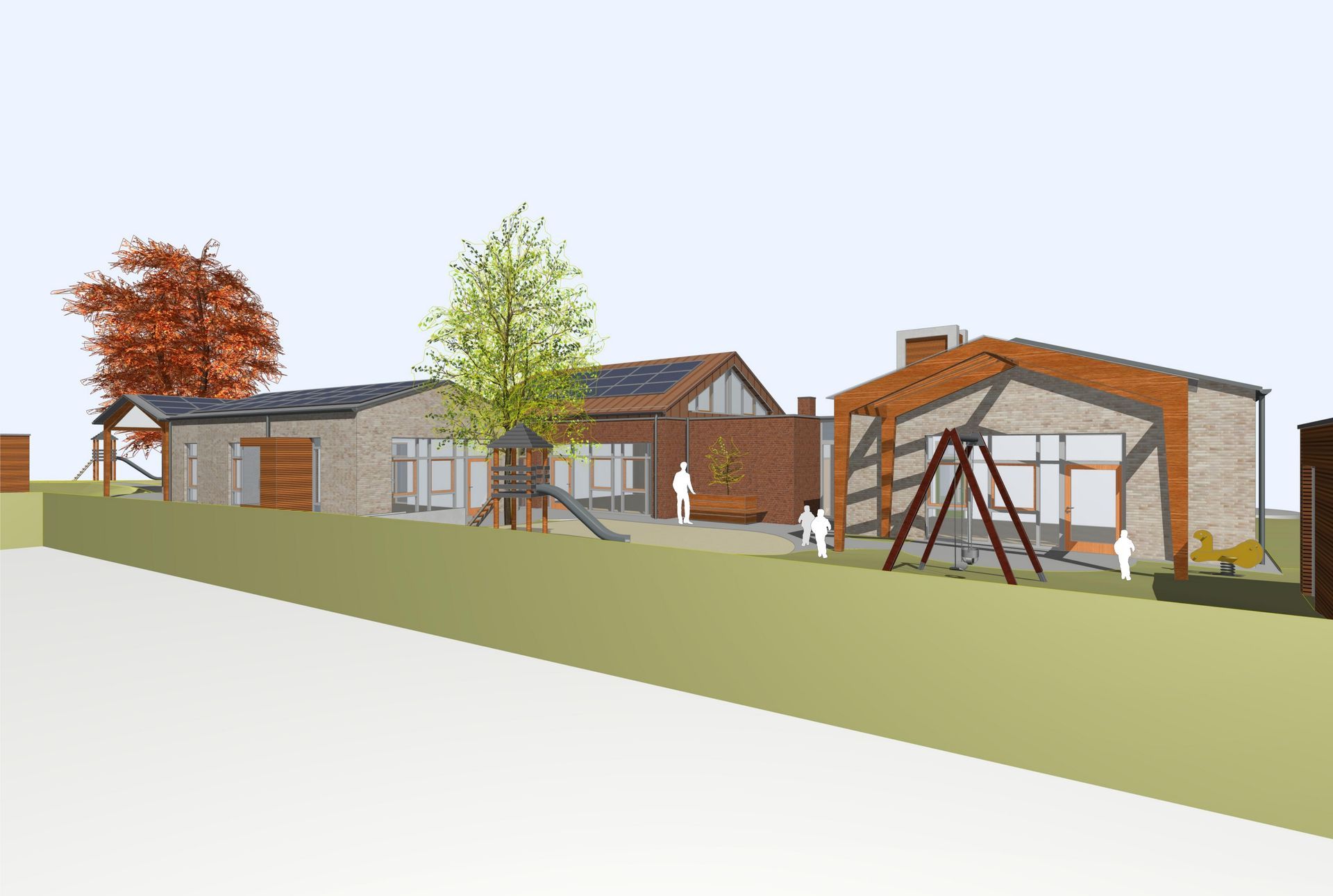 Eine künstlerische Darstellung eines Hauses mit einem Spielplatz davor.