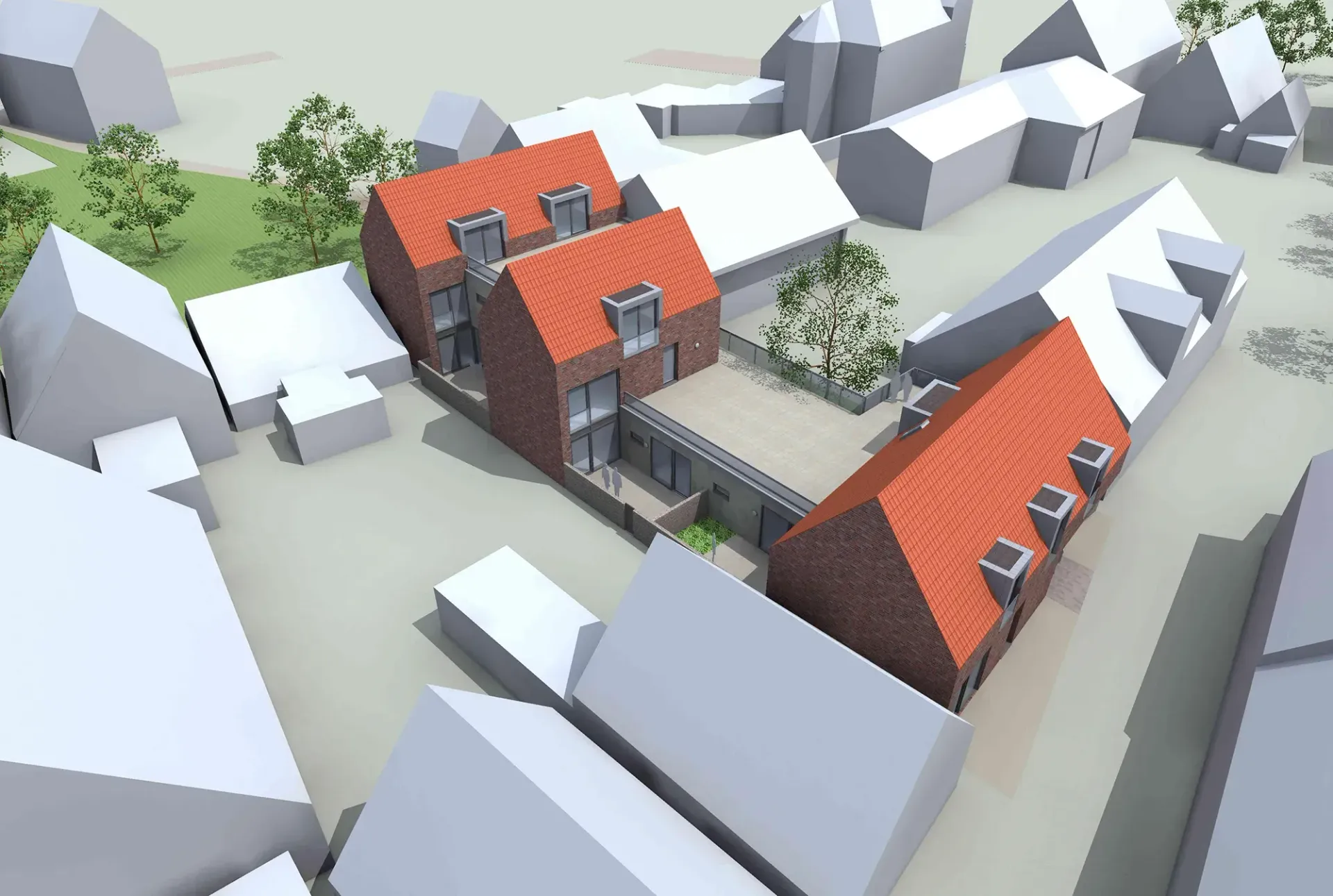 Eine Luftaufnahme eines Gebäudes mit roten Dächern