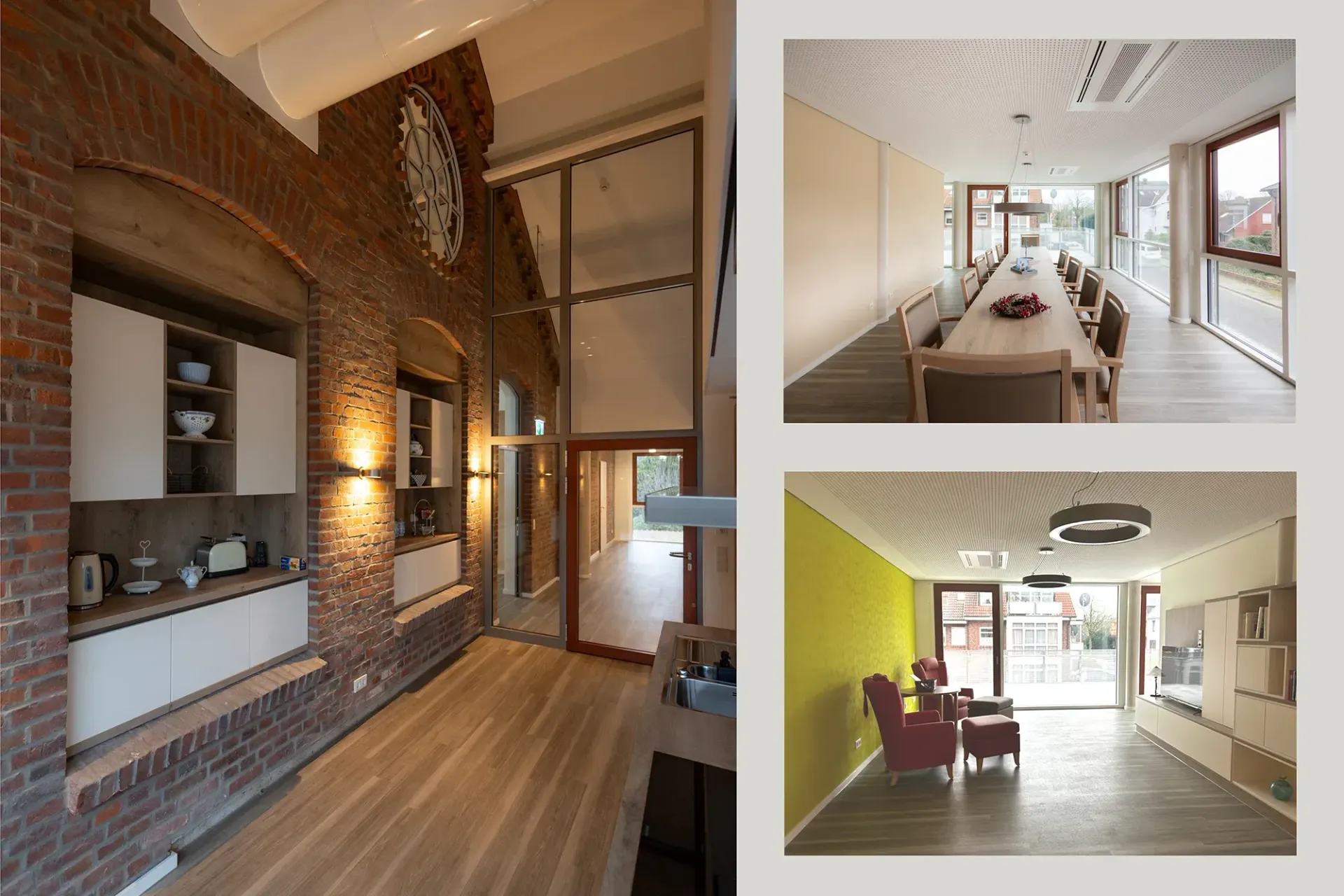 Eine Collage aus drei Bildern von Wohnzimmer, Küche und Esszimmer.