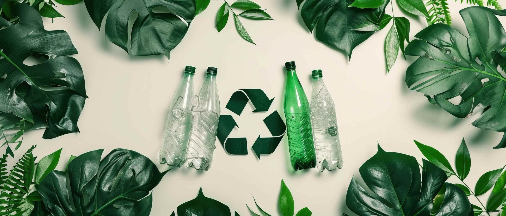 Un símbolo de reciclaje está rodeado de hojas verdes y botellas de plástico.